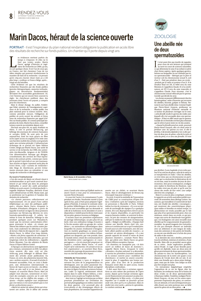 Portrait paru dans Le Monde le 4 décembre 2018