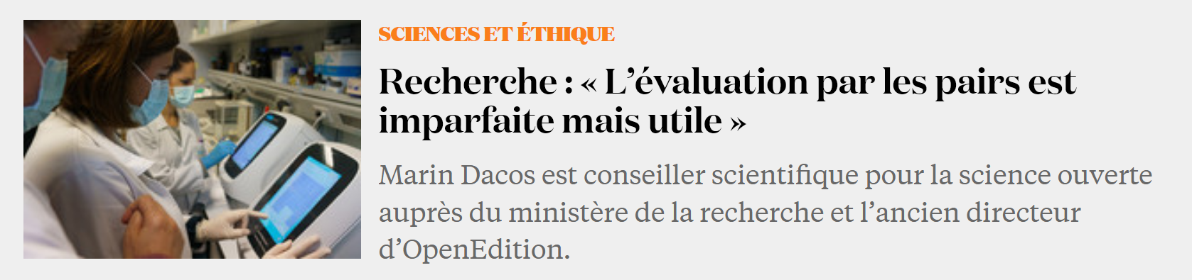 « L’évaluation par les pairs est imparfaite mais utile » – Parution d&rsquo;un entretien dans La Croix